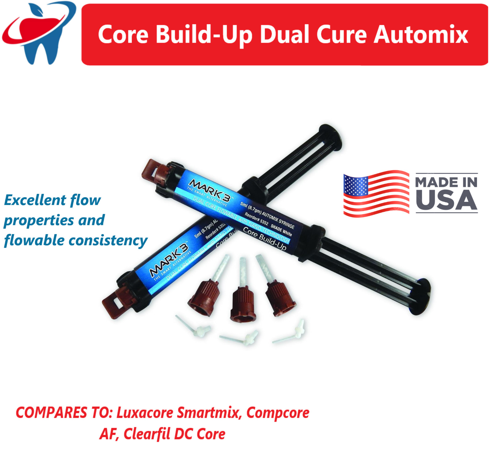 Dental Dual Cure Core Build Up Material, Automix Syringe, Blue, White, A3, US 5m