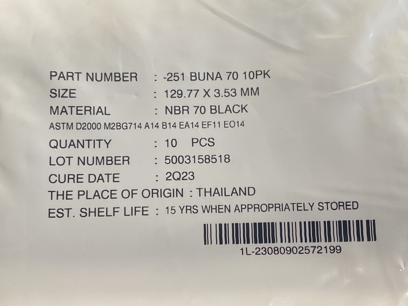 (10/Pack) 251 Buna 70 O-Rings Black 129.77mm x 3.53mm