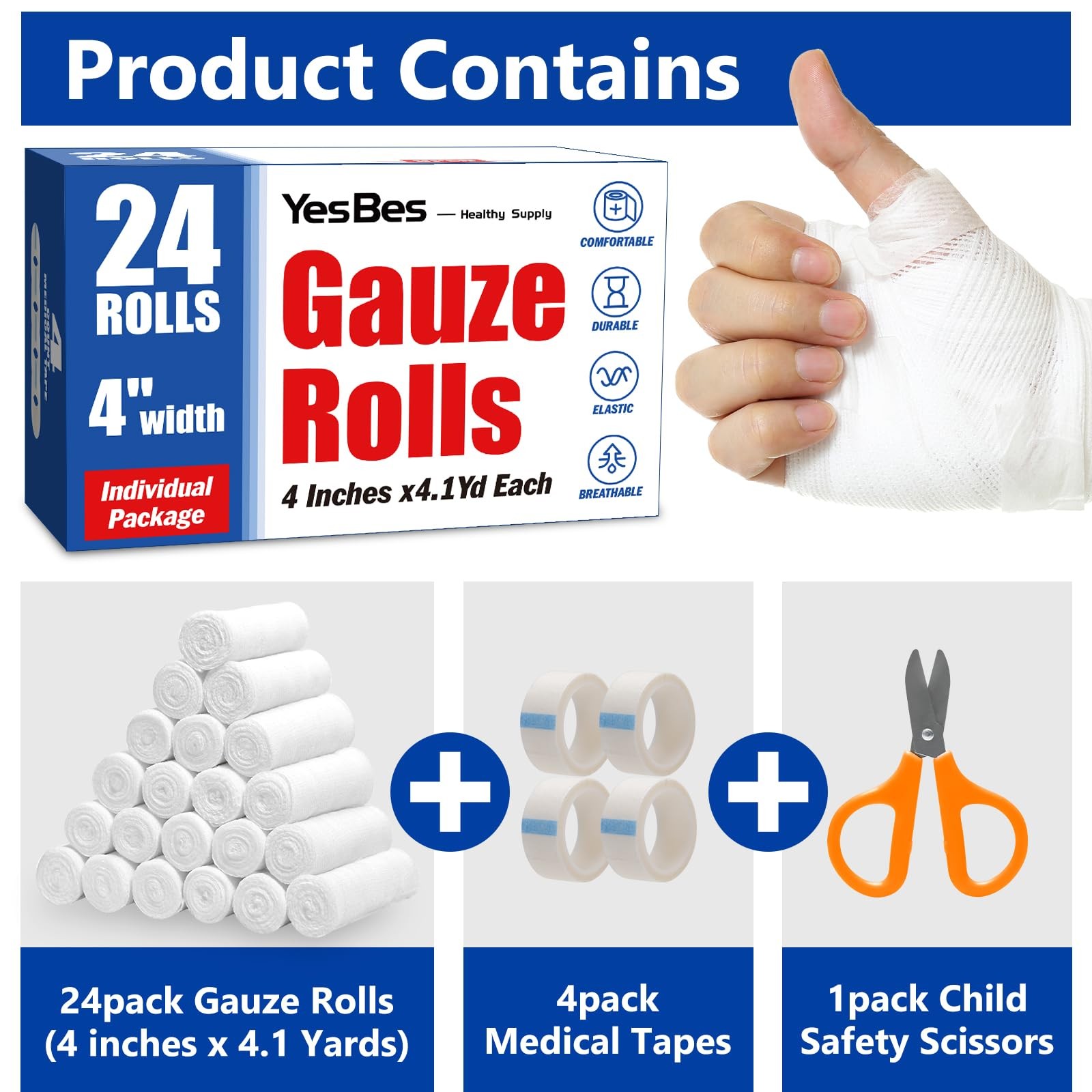 YesBes 24 Pack Gauze Rolls, 4 in x 4.1 Yards, 4 Inch x yards, A-24p
