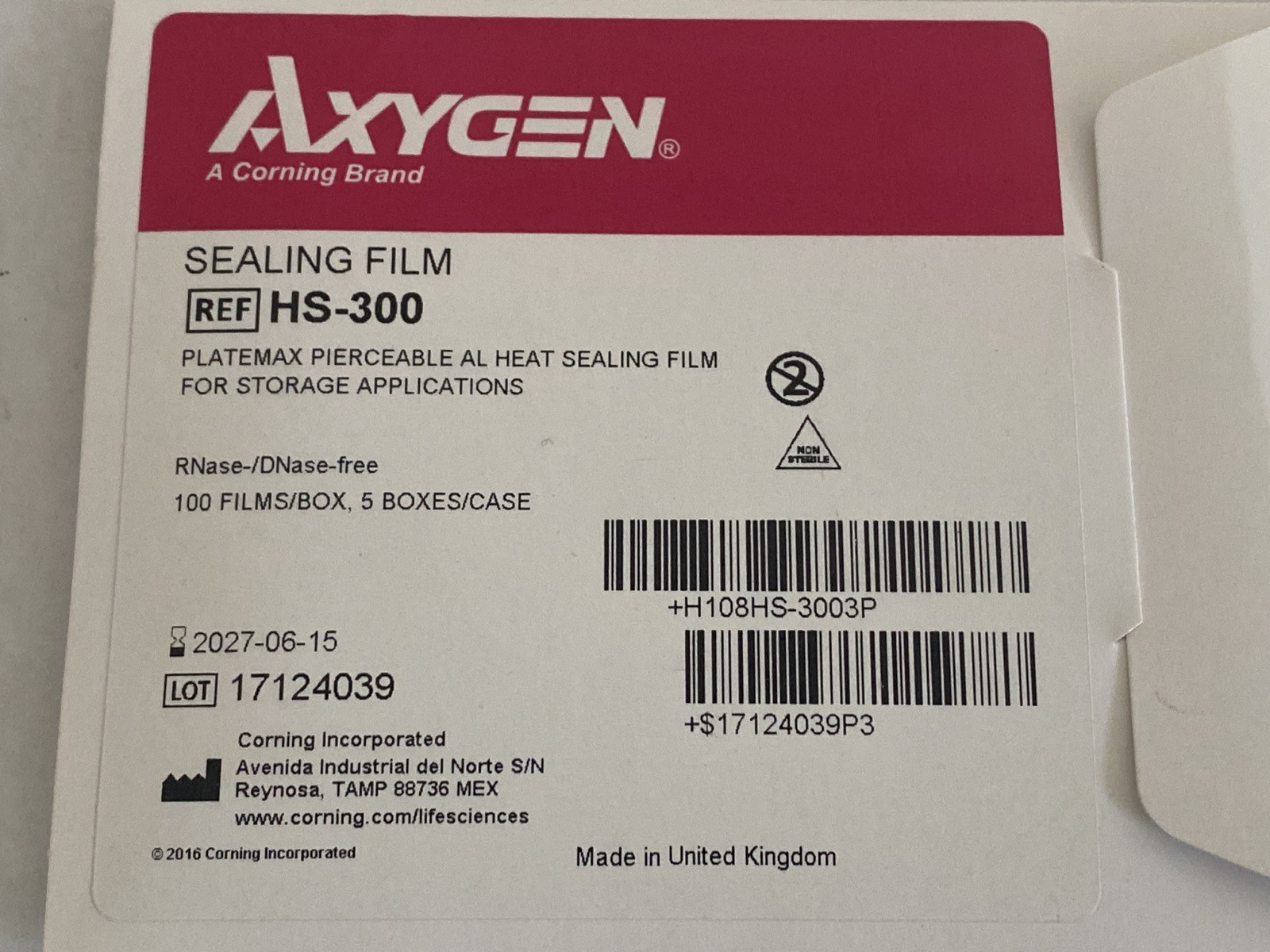 (100/Pk) AXYGEN PlateMax Pierceable Aluminum Microplate Heat Sealing Film HS-300