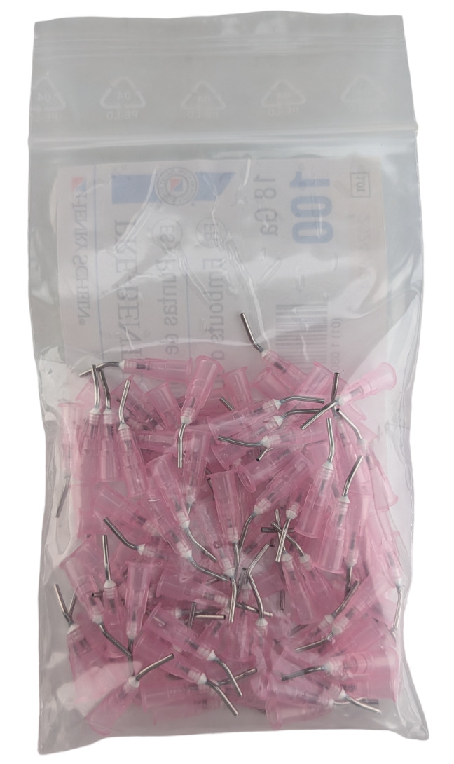Henry Schein 900-4581 18 Ga Pre-Bent Dispensing Tips 100 Ct Pink