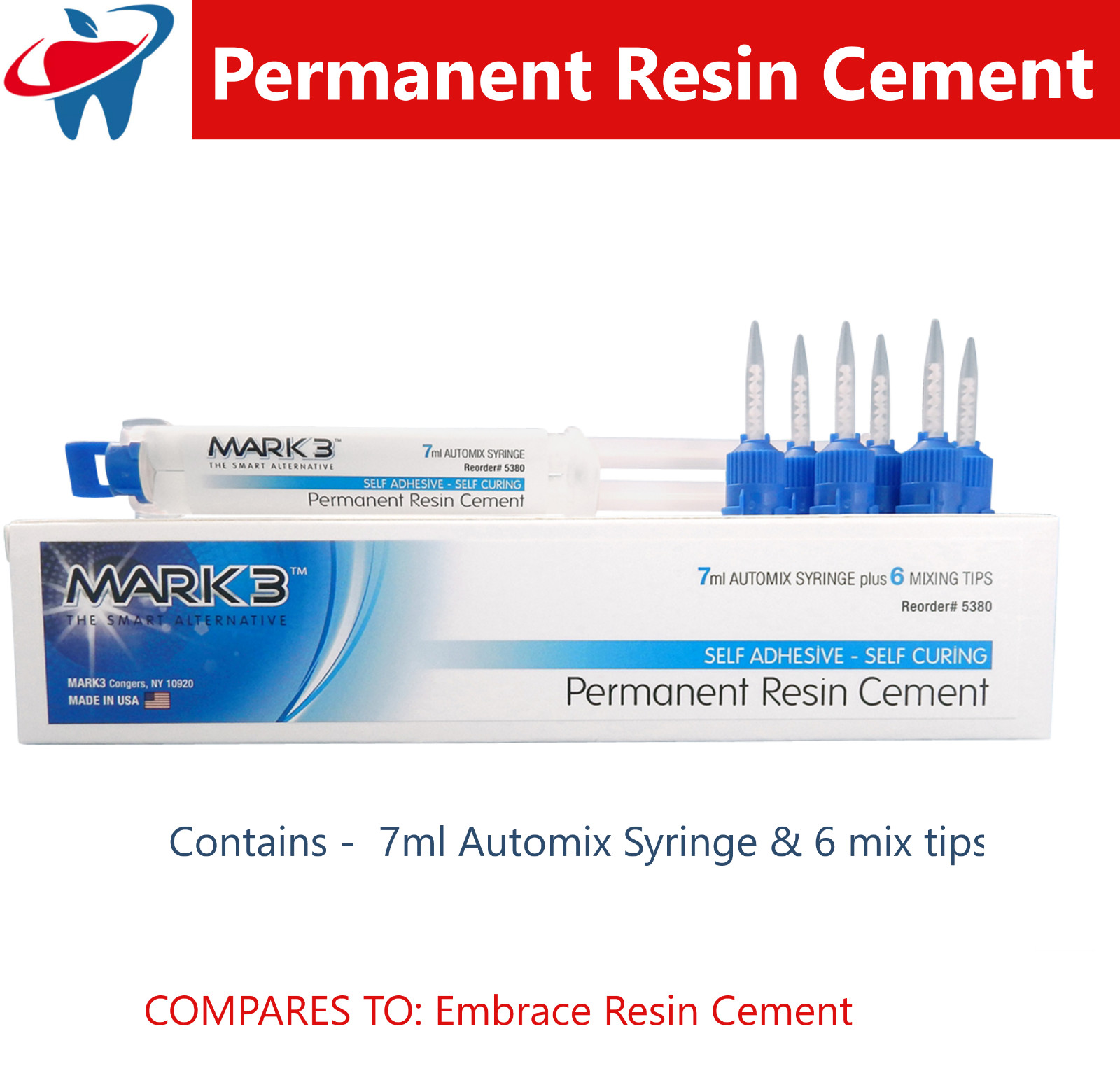 Dental Permanent Resin Cement Self Adhesive Self Curing, 8mL 6 Mix Tip Dual Cure