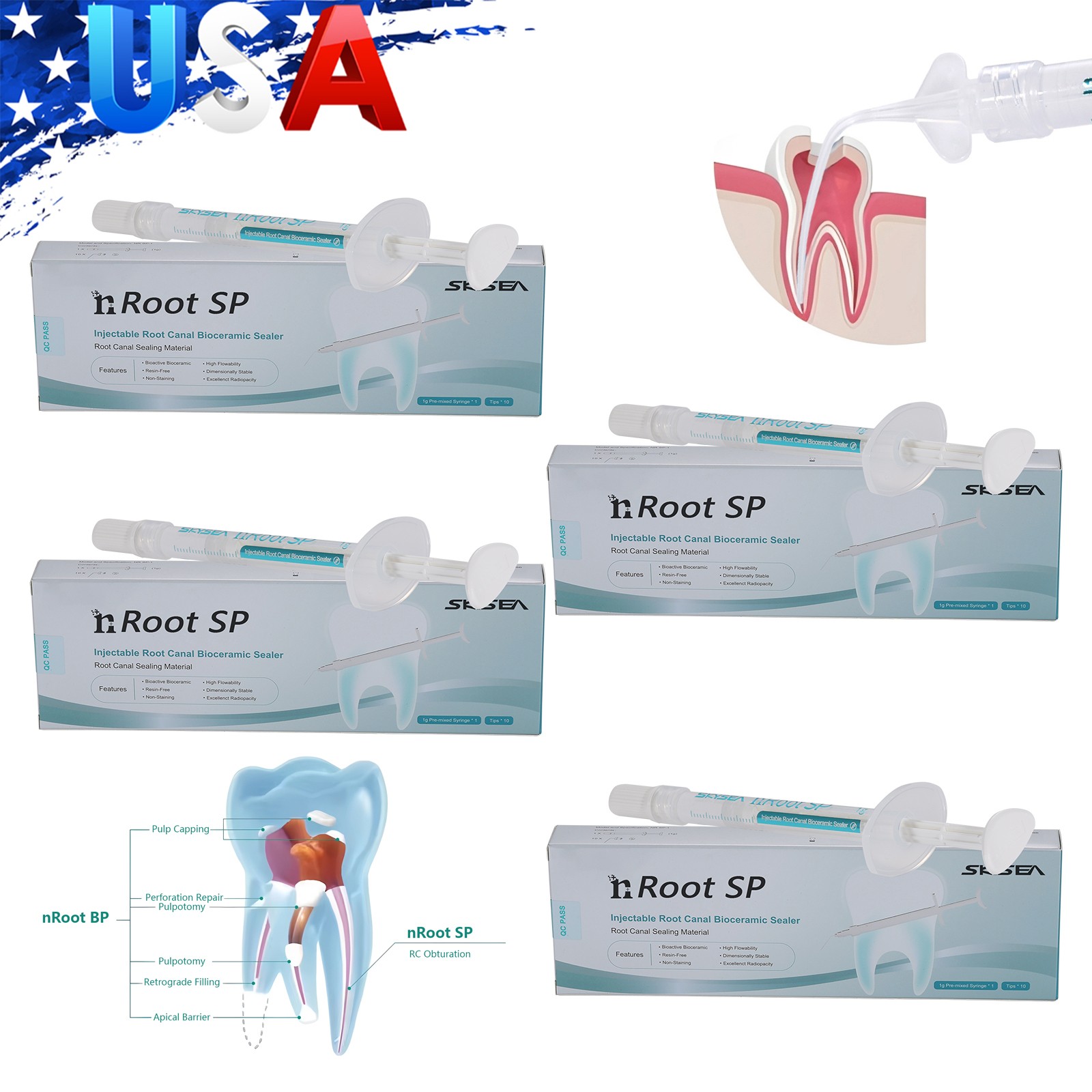 4 x Dental nRoot SP Injectable Root Canal Bioceramic Sealer 1g Syringe + 10 Tips