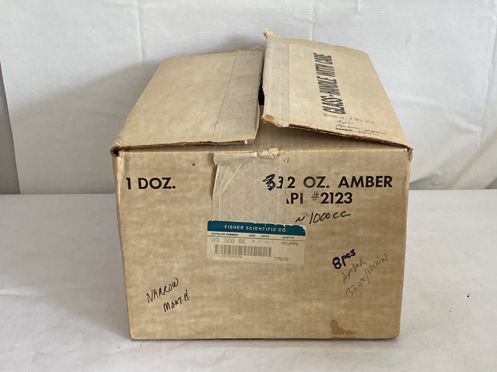 (8) QORPAK Amber Glass 32oz. Narrow Mouth Round Bottles w/ Screw Caps 2123