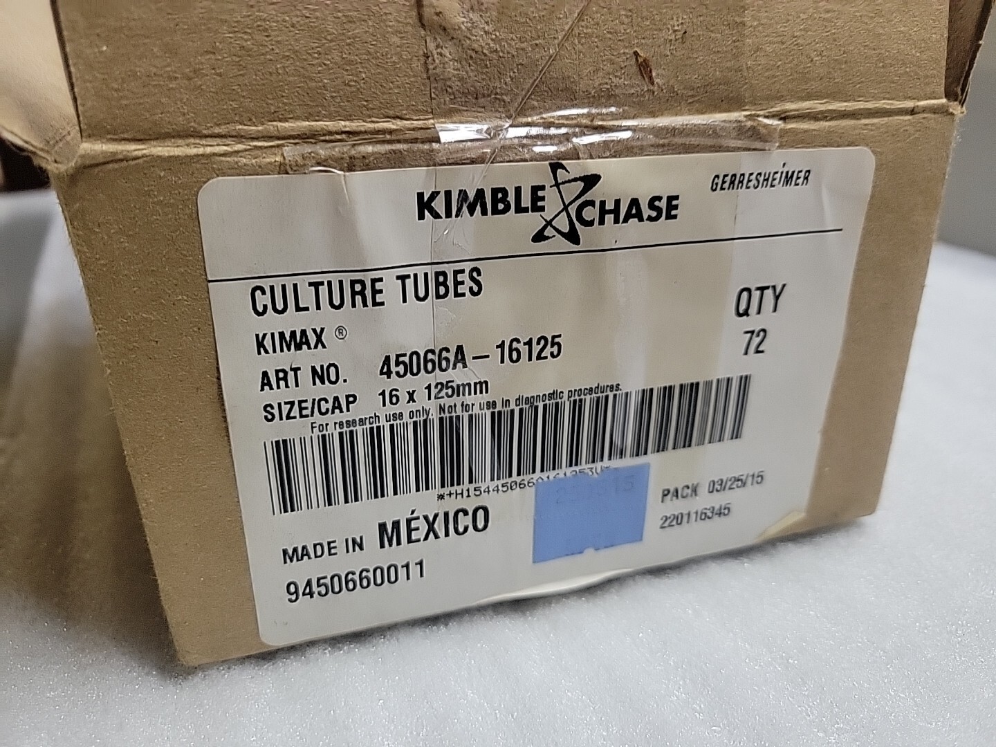Kimble Chase Culture Tubes ART# 45066A16125 16x125mm 72pcs w/caps