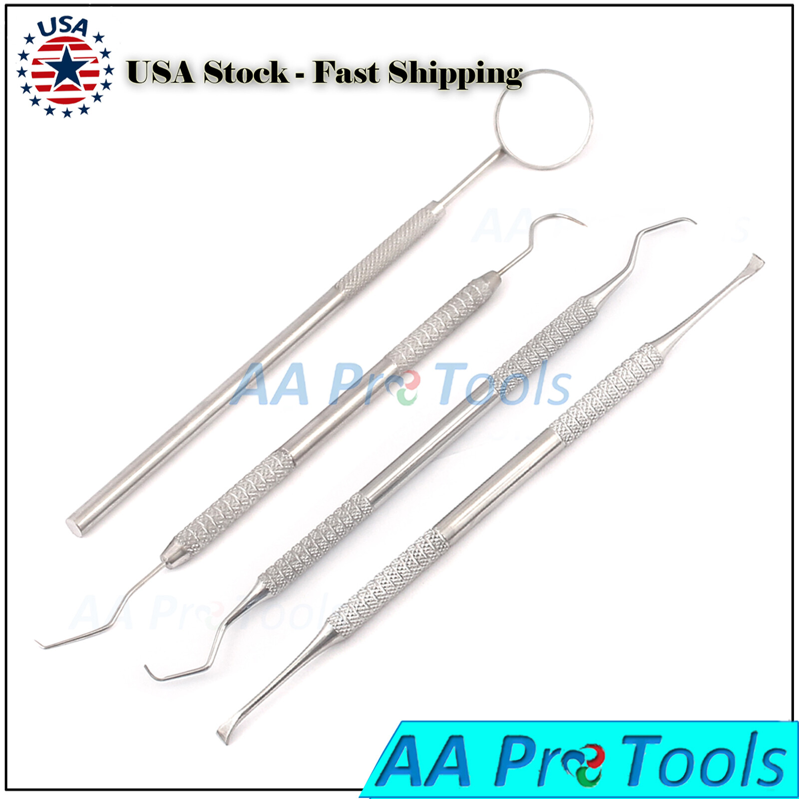 4 Dental Tools Kit Scalers Probes Steel Pick Mouth Mirror Tooth Scrapers Pr-418