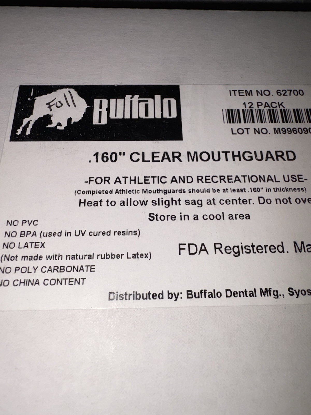 Buffalo Dental .160″ Clear EVA Mouthguard Material, 5″ x 5″, 12 sheets NOB