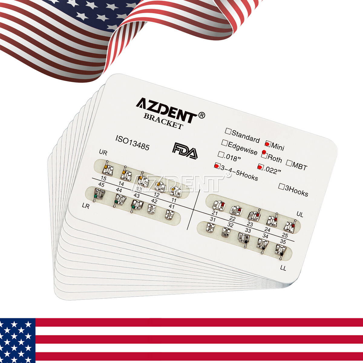 20Pack AZDENT Dental Orthodontic Bracket Braces Mini Roth Slot.022 345 Hooks