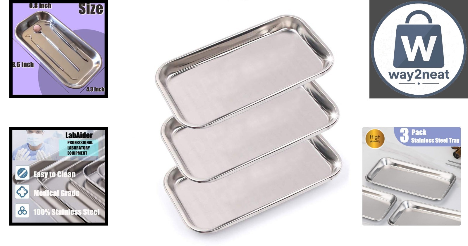 High-Grade Stainless Steel Trays – 3 Pack, Easy Clean, Multipurpose 8.6″ x 4.3″