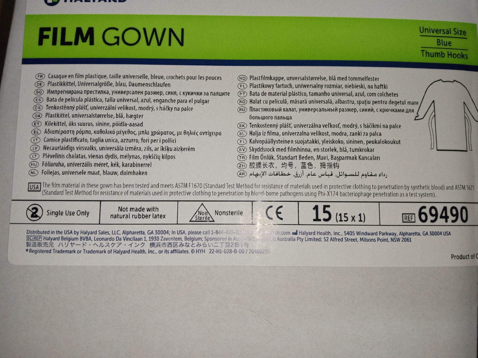 Halyard Disposable Film Protective Procedure Gown One Size Fits Most 75 per Case