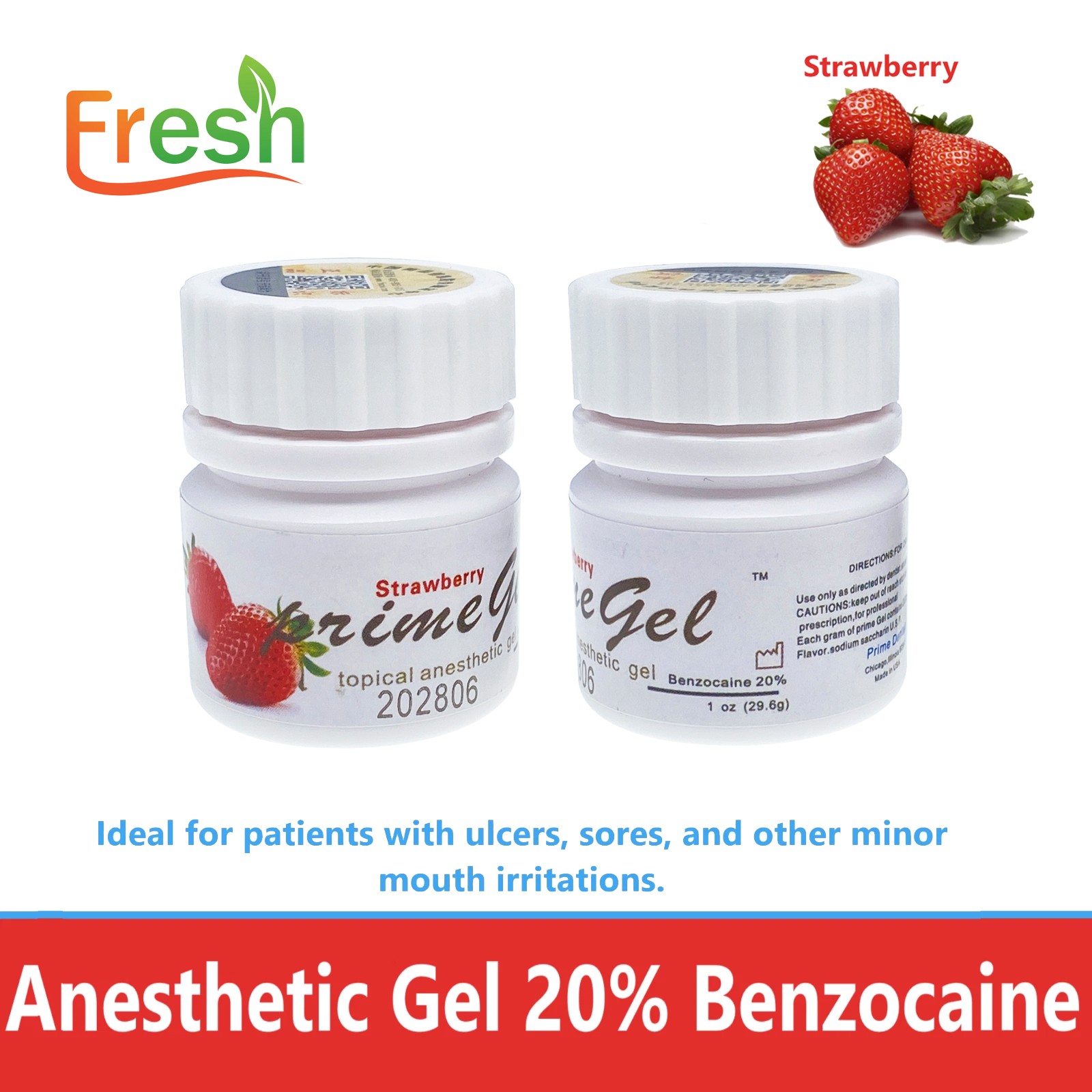 Fresh Dental Topical pain free Gel 20% Benzocaine 1oz Jar , Mint/Strawberry