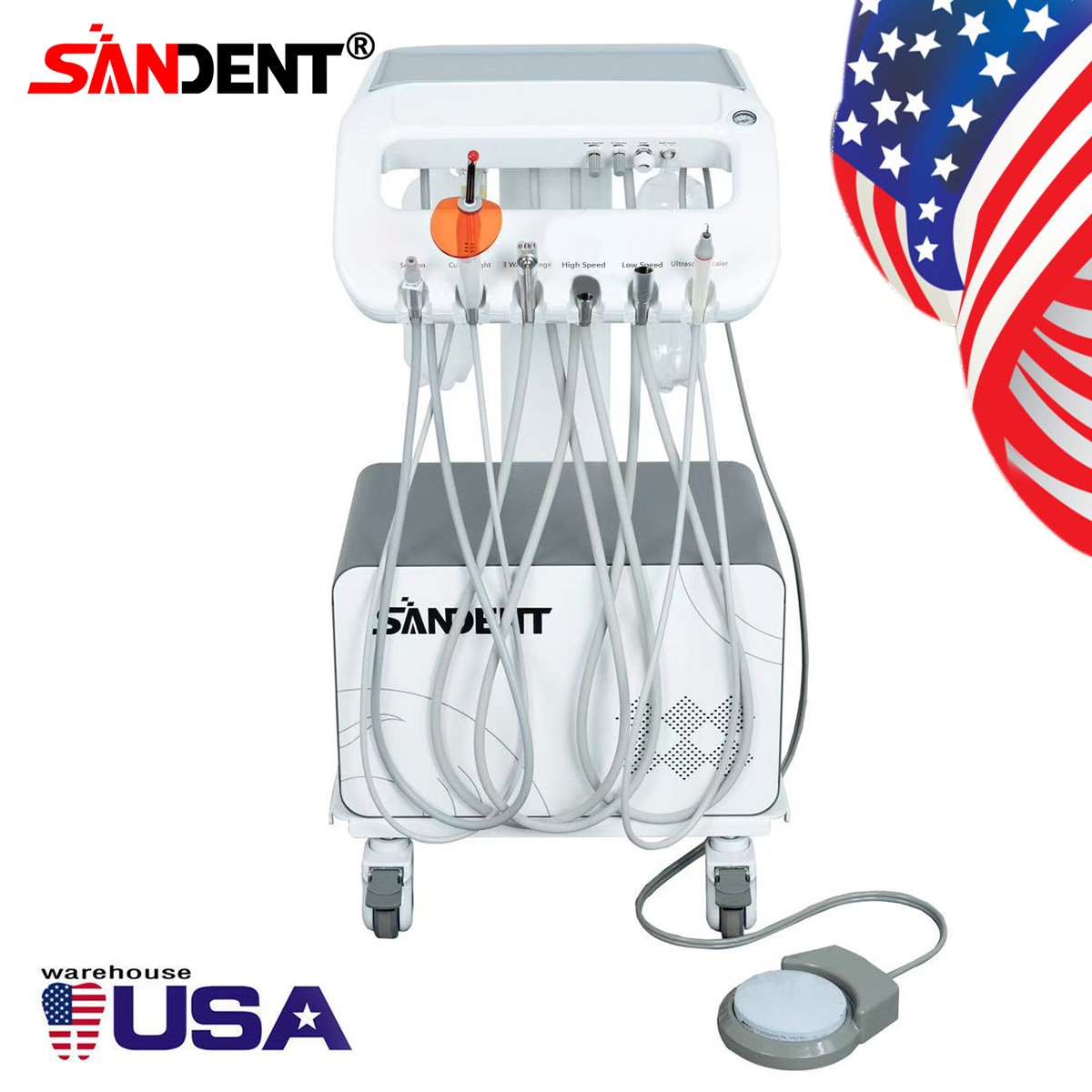 4-HOLE Dental Delivery Mobile Cart Unit Equipment w/compressor Scaler Light