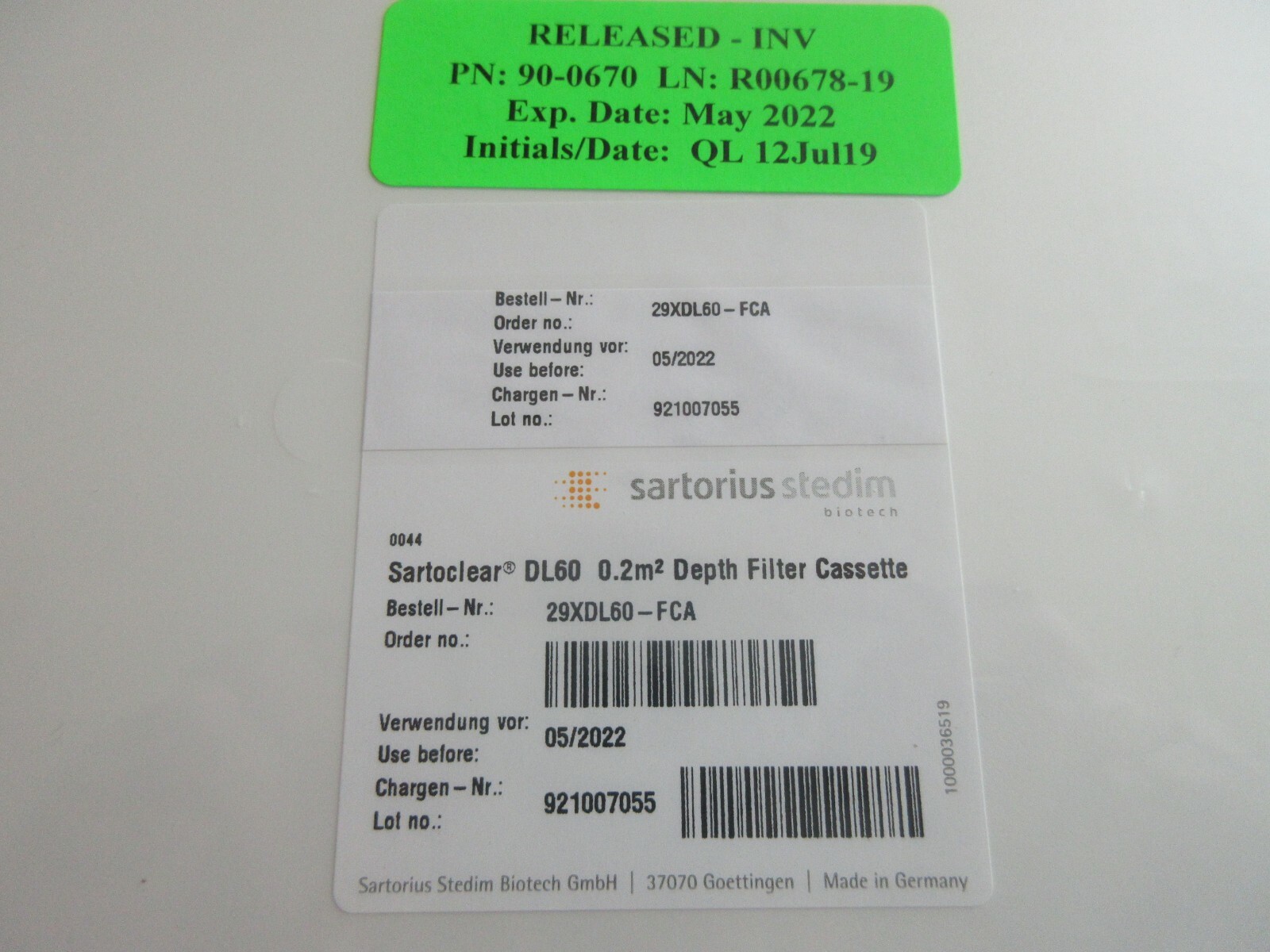 SARTORIUS STEDIM 29XDL60-FCA SARTOCLEAR DL60 DEPTH FILTER CASSETTE EXP 2022