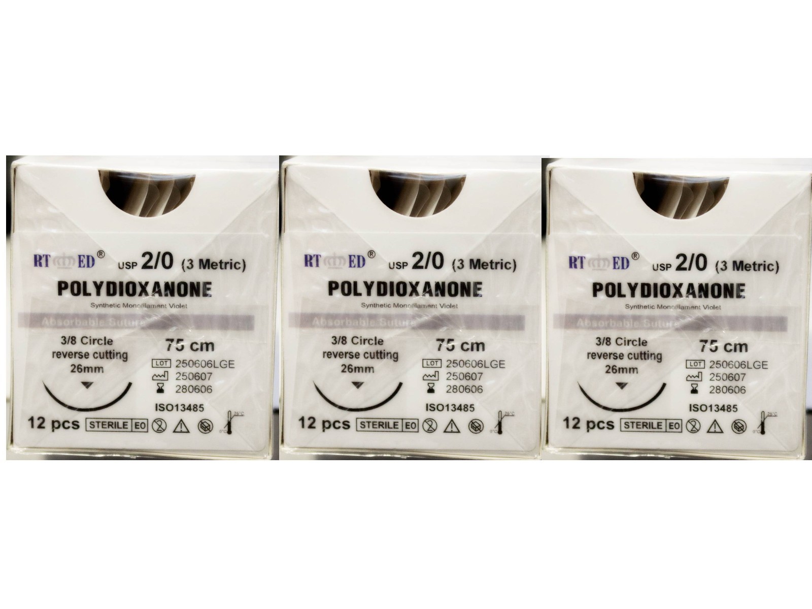 PDO/PDS Sutures SIZE 2-0, 75cm 3/8 circle 26mm cutting needle Human/Vet 3 DOZ.