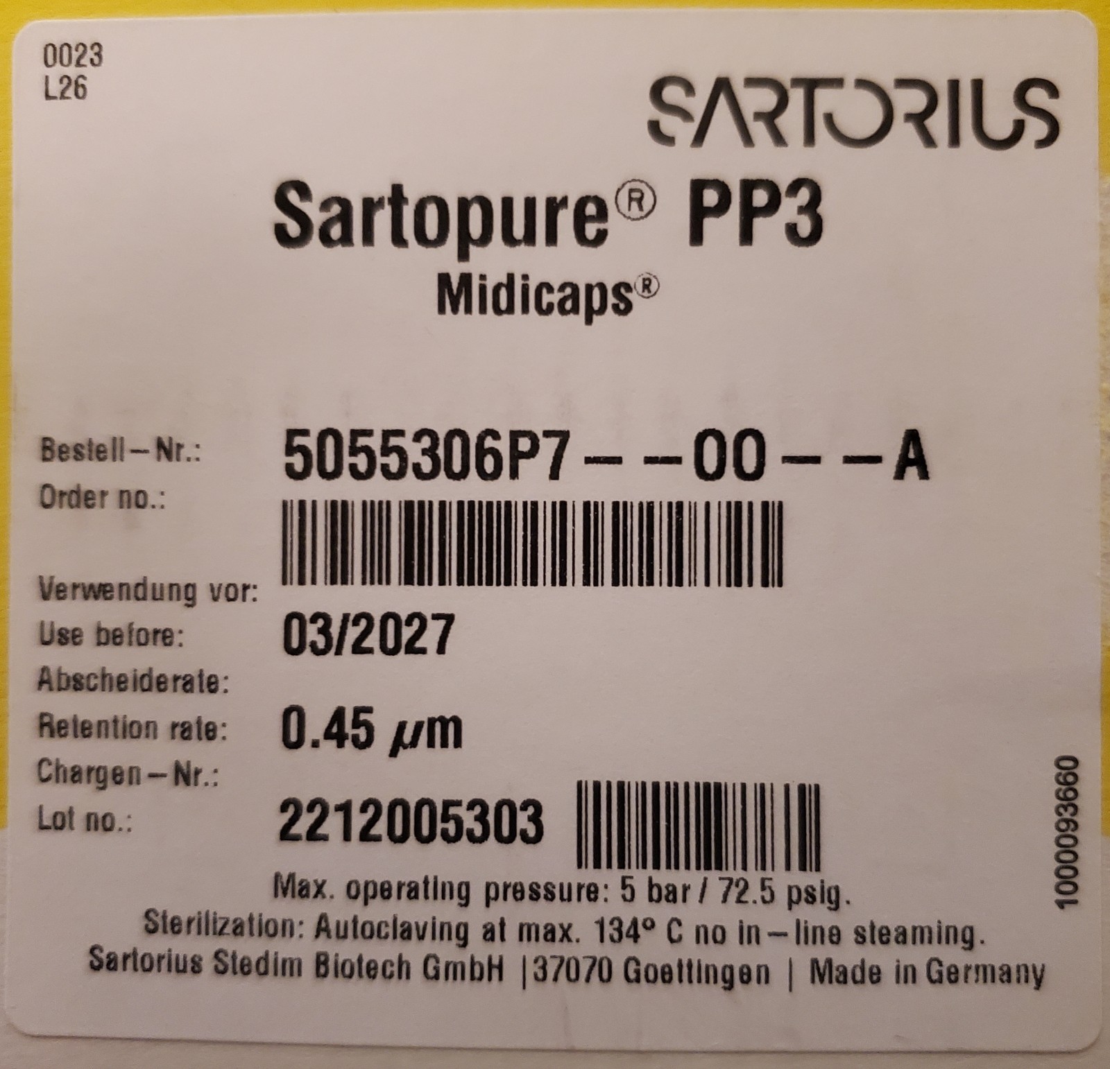 (4/Pk) SARTORIUS Sartopure PP3 Midicaps 0.45um Size 7 5055306P7-00-A, NEW Sealed