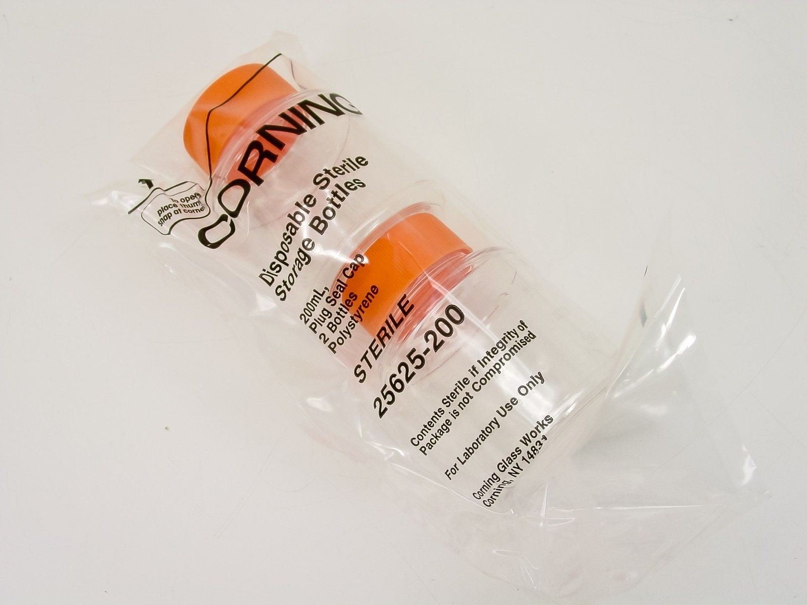 Corning 25625-200 Disposable Sterile Storage Bottles 200mL Plug Seal Cap Pair