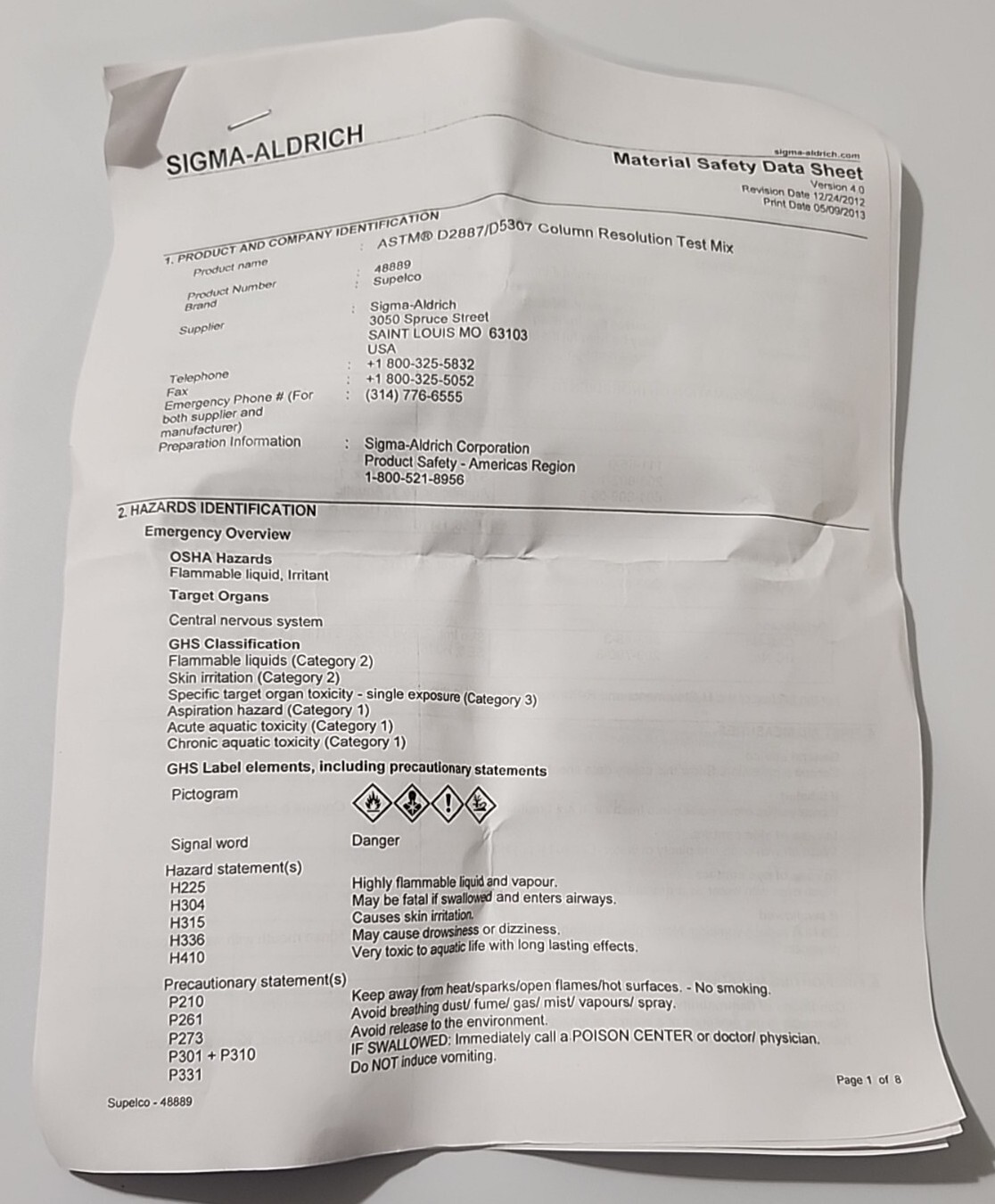 *NEW* Sigma-Aldrich Supelco 48889 ASTM D2887/D5307 Column Resolution Test Mix 1%