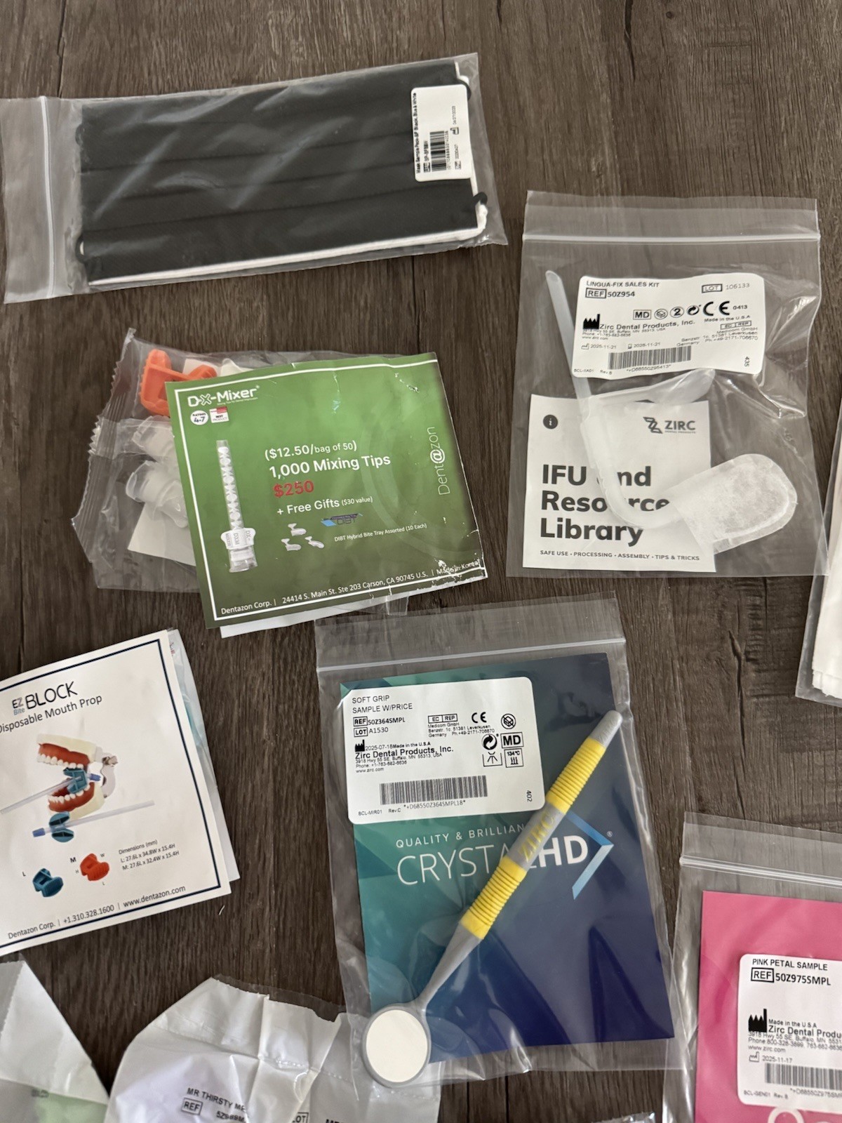 Various Zirc Product Samples – Mr. Thirsty, Mouth Prop, Mirror