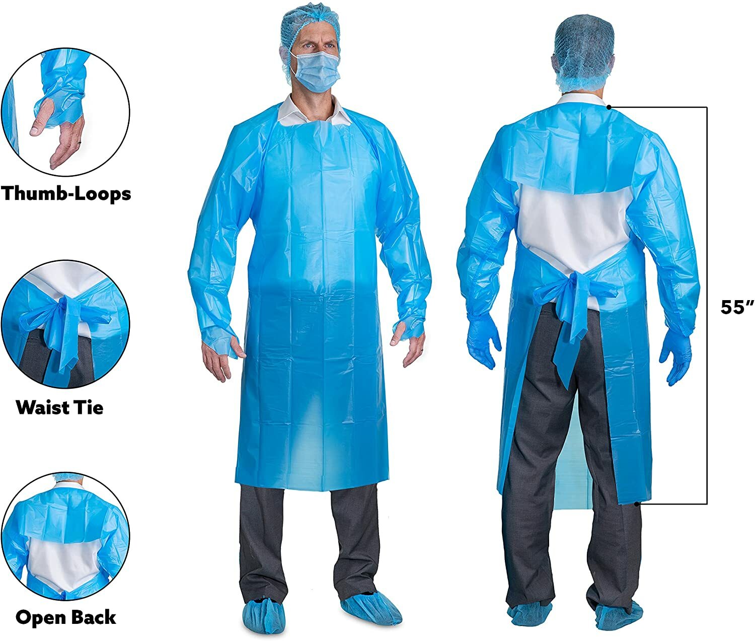 Disposable CPE 35 GSM Gown, Polyethylene Medical Isolation Gowns with Thumb-loop