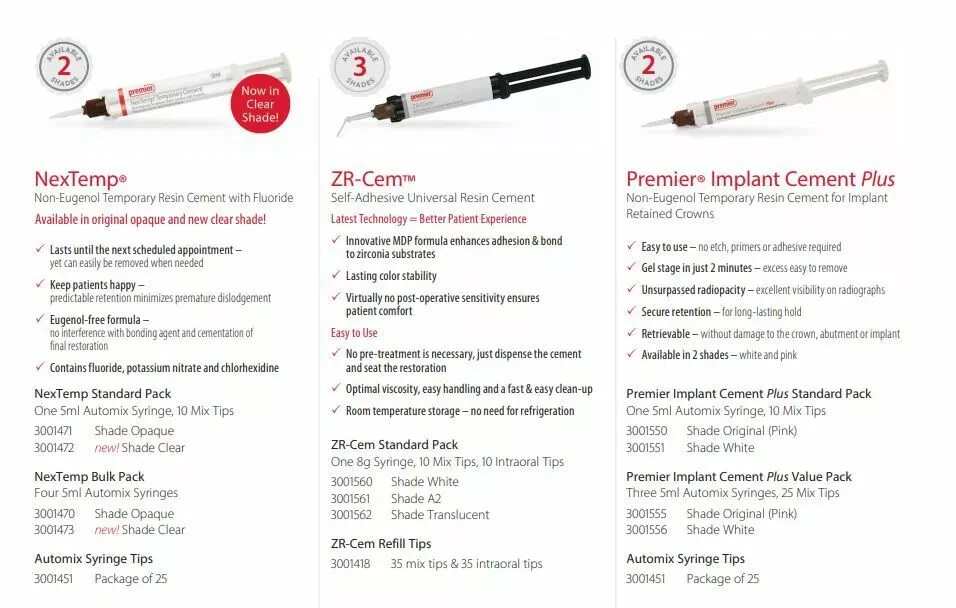 Premier Dental Implant Cement For Implant Retained crowns-3×5 mL Syringe + 25Tip