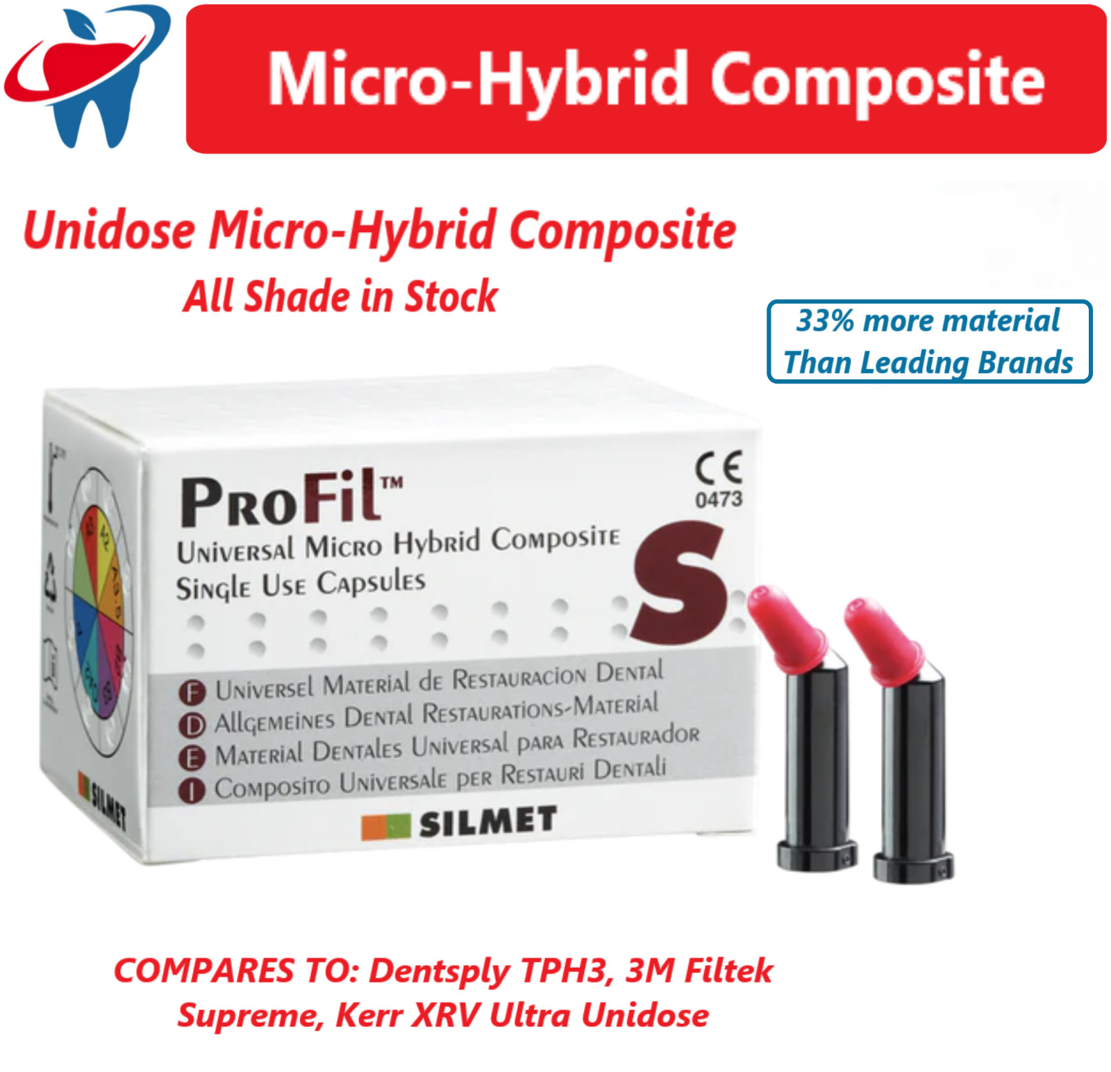 Silmet ProFil Dental Micro Hybrid Composite Compules Unidose All Shades Box/20