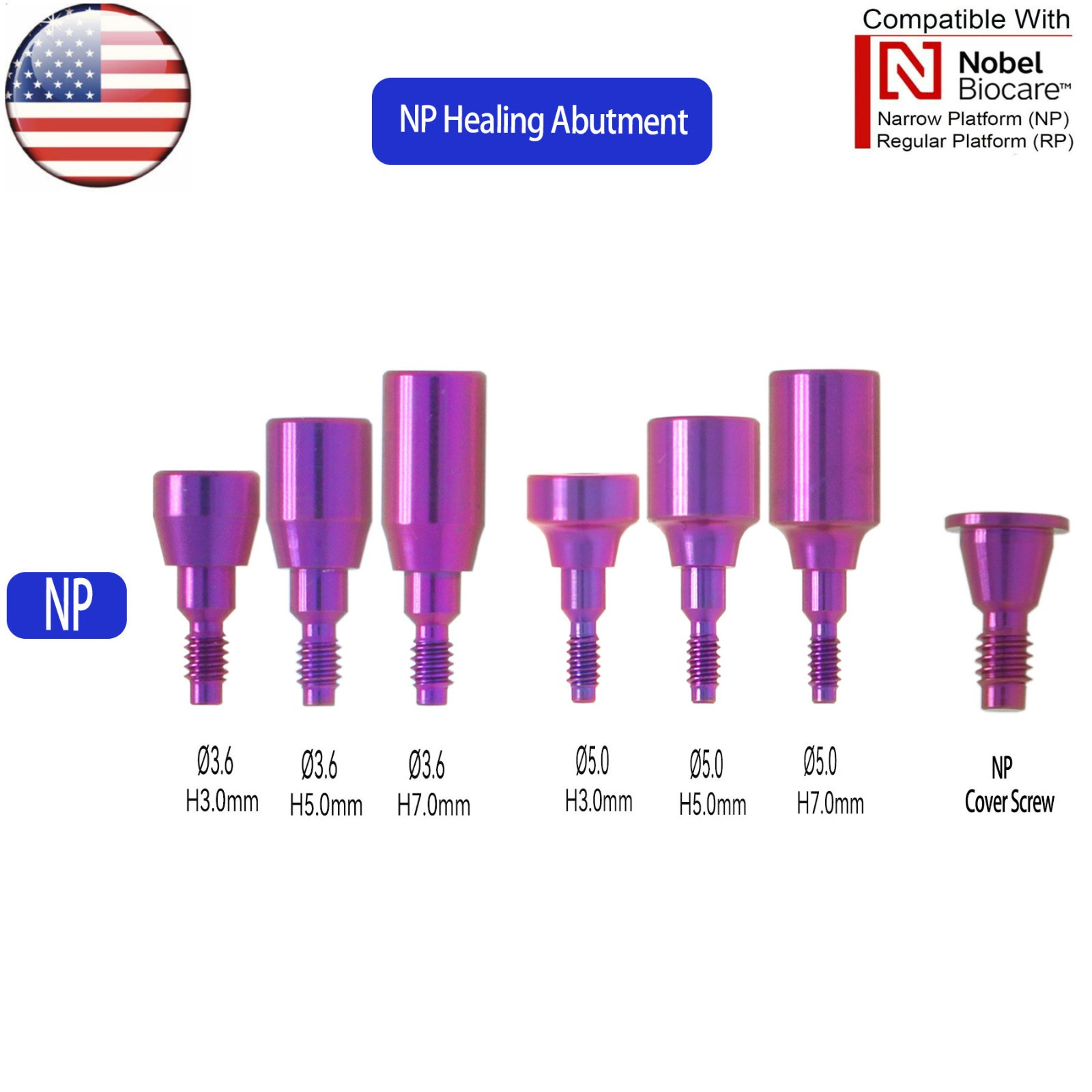 US Dental Titanium Healing Abutment Nobel Biocare Active TiUltra Parallel CC NP