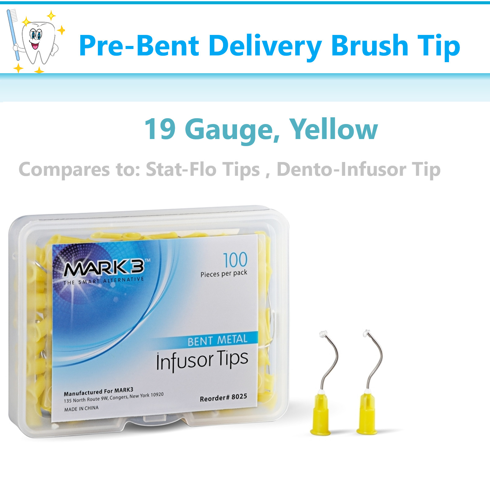 Dental Hemostatic Delivery Bent Tips with Brush End 19G, Stat-Flo Type (100Pcs)