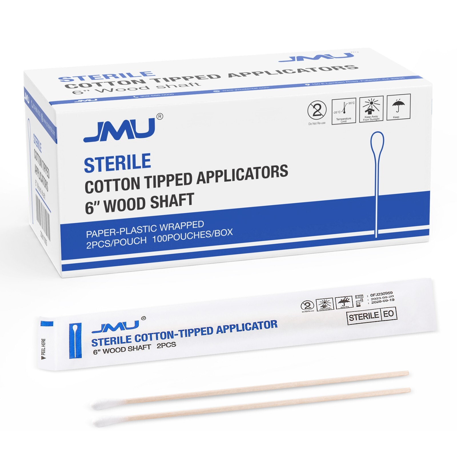 200Pcs JMU 6 Inch Sterile Cotton Tipped Applicators Long Medical Cotton Swabs
