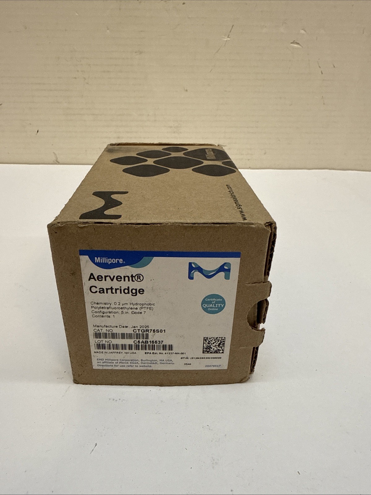 Millipore CTGR75S01 Aervent CTGR Cartridge Filter 5 in. 0.2 µm Code 7 PTFE