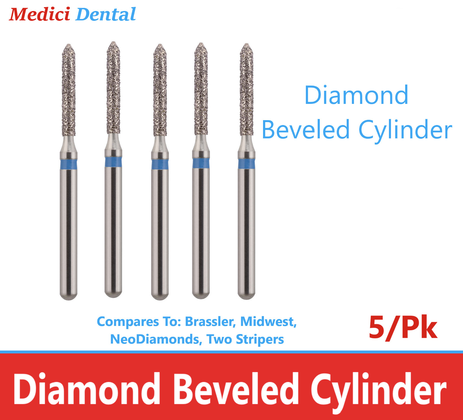 Diamond Bur Beveled Cylinder, Piranha Single-Use Diamonds 885-012C 885-012M, 5Pk