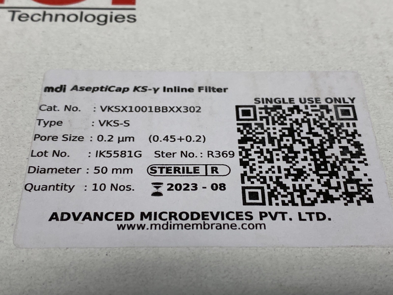 (10) Advanced Microdevices MDI AseptiCap KS-y Inline Filter 50mm VKSX1001BBXX302