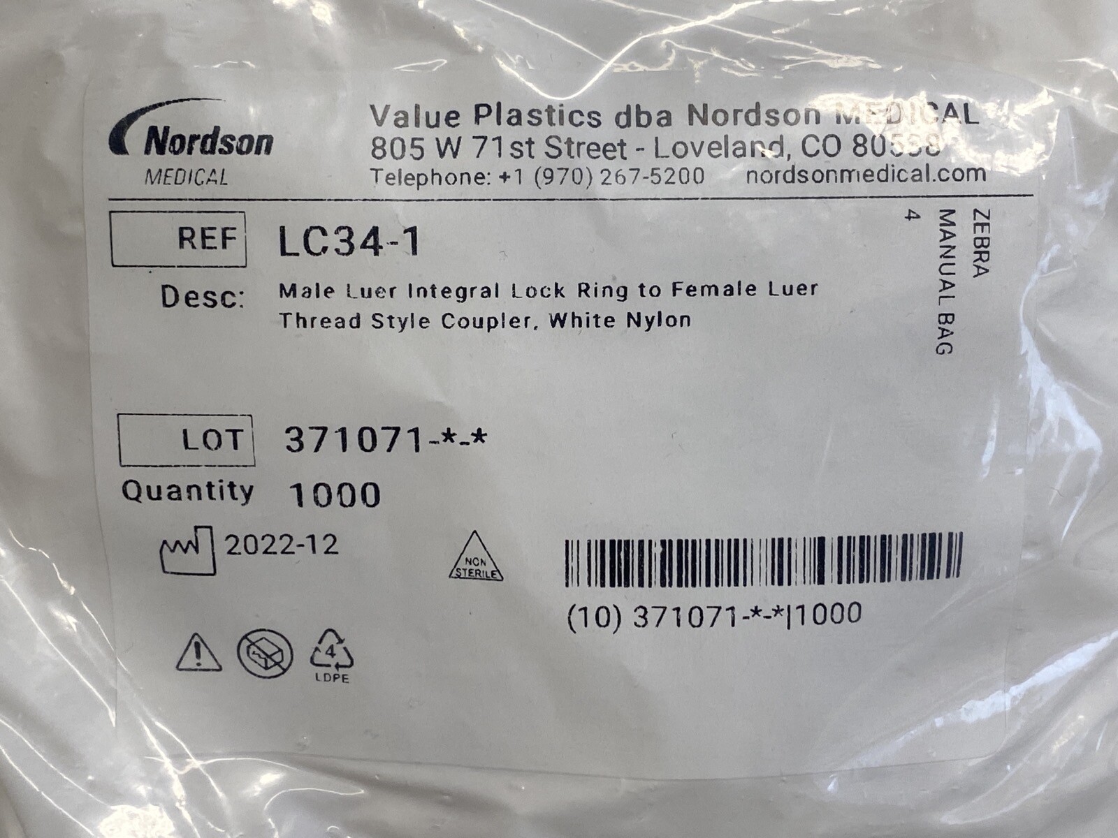(1000) VALUE PLASTICS Nylon M Luer Integral Lock Ring to F Luer Thread Coupler