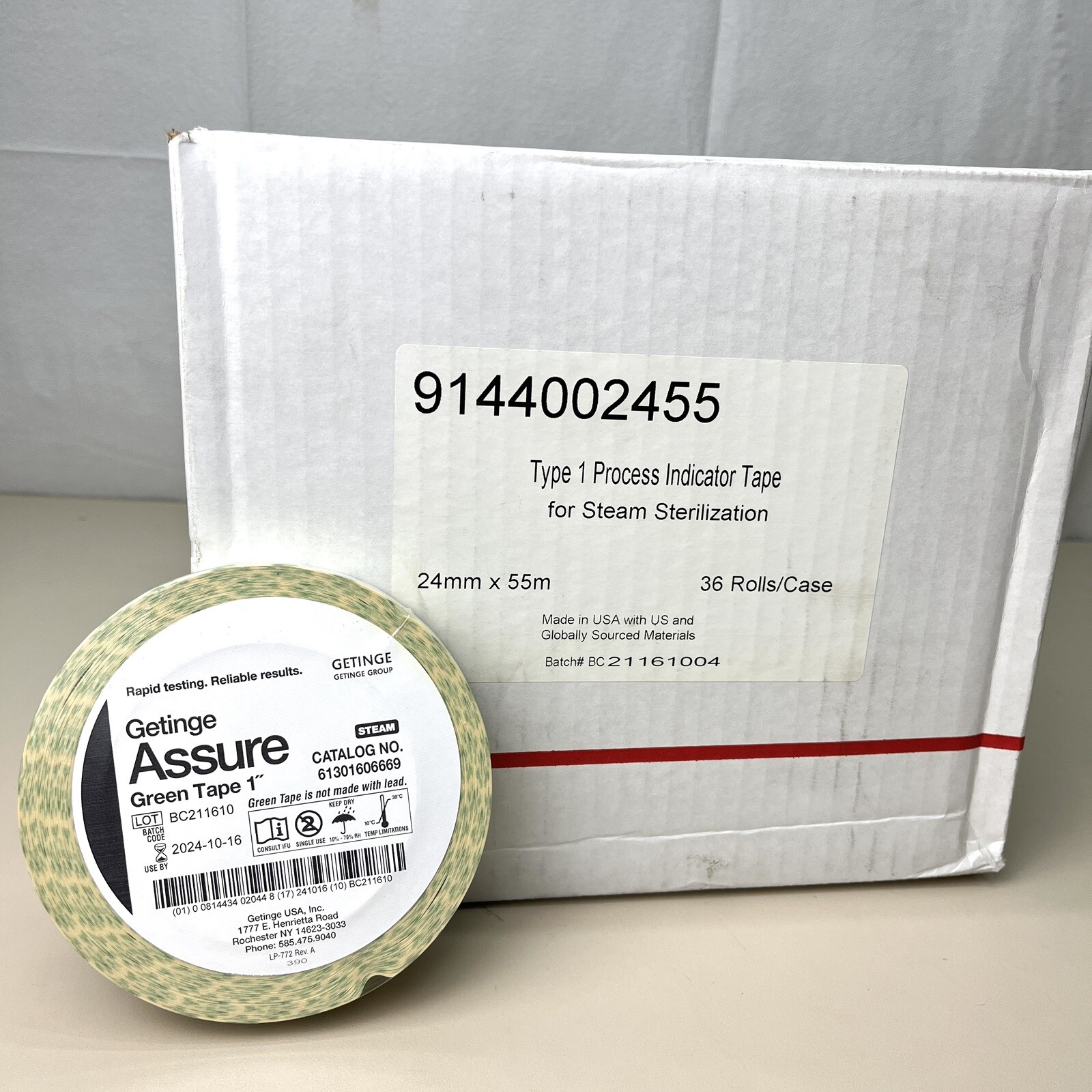 CASE OF 36 Getinge Assure Green Steam Sterilization Indicator Tape 1”x60Yd Roll
