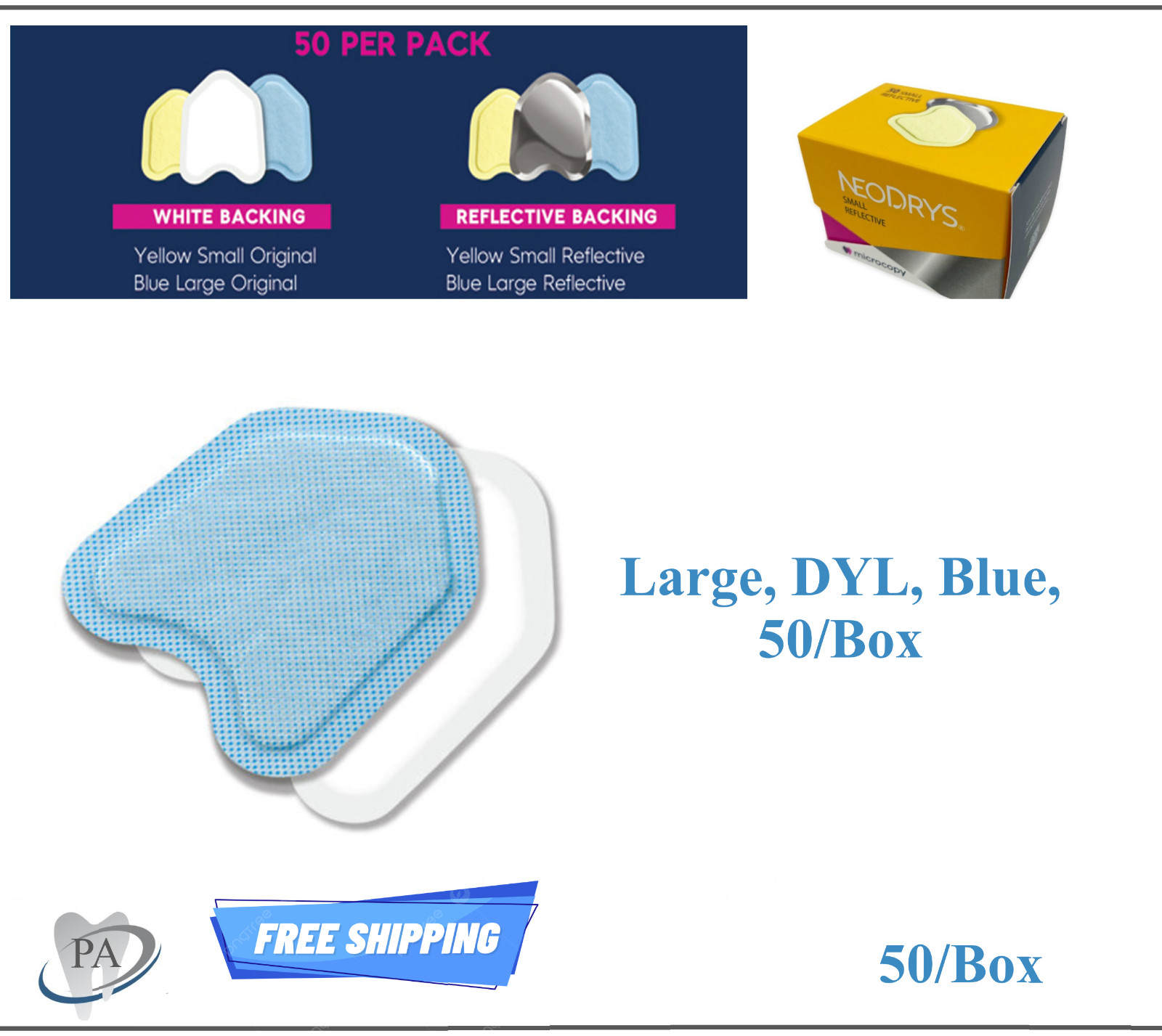 Dental NeoDrys Cotton Roll Substitute Blue Large or Small Yellow DYL DYS, 50/Pk
