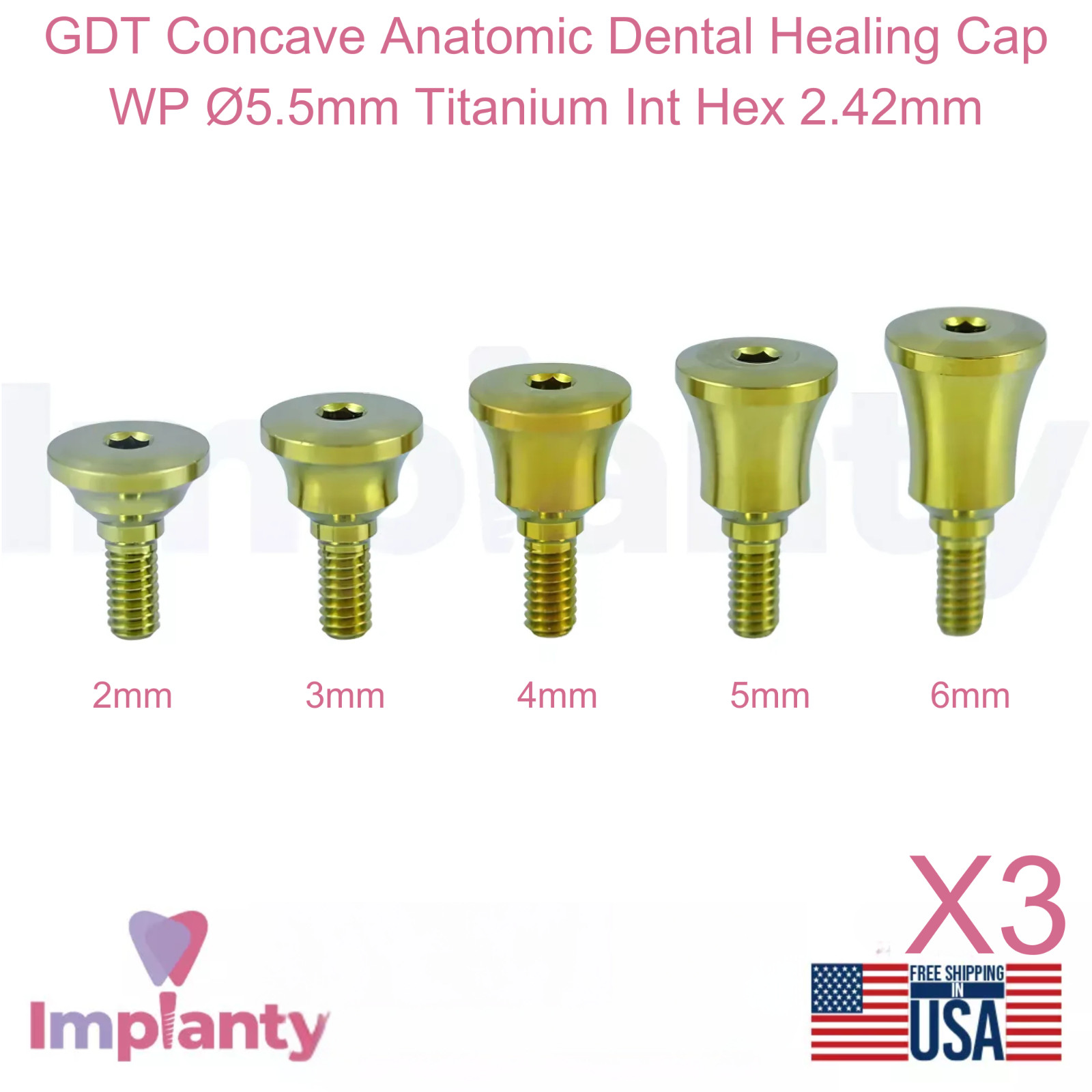 3x GDT Concave Anatomic Dental Healing Cap WP Ø5.5mm Titanium Int Hex 2.42mm