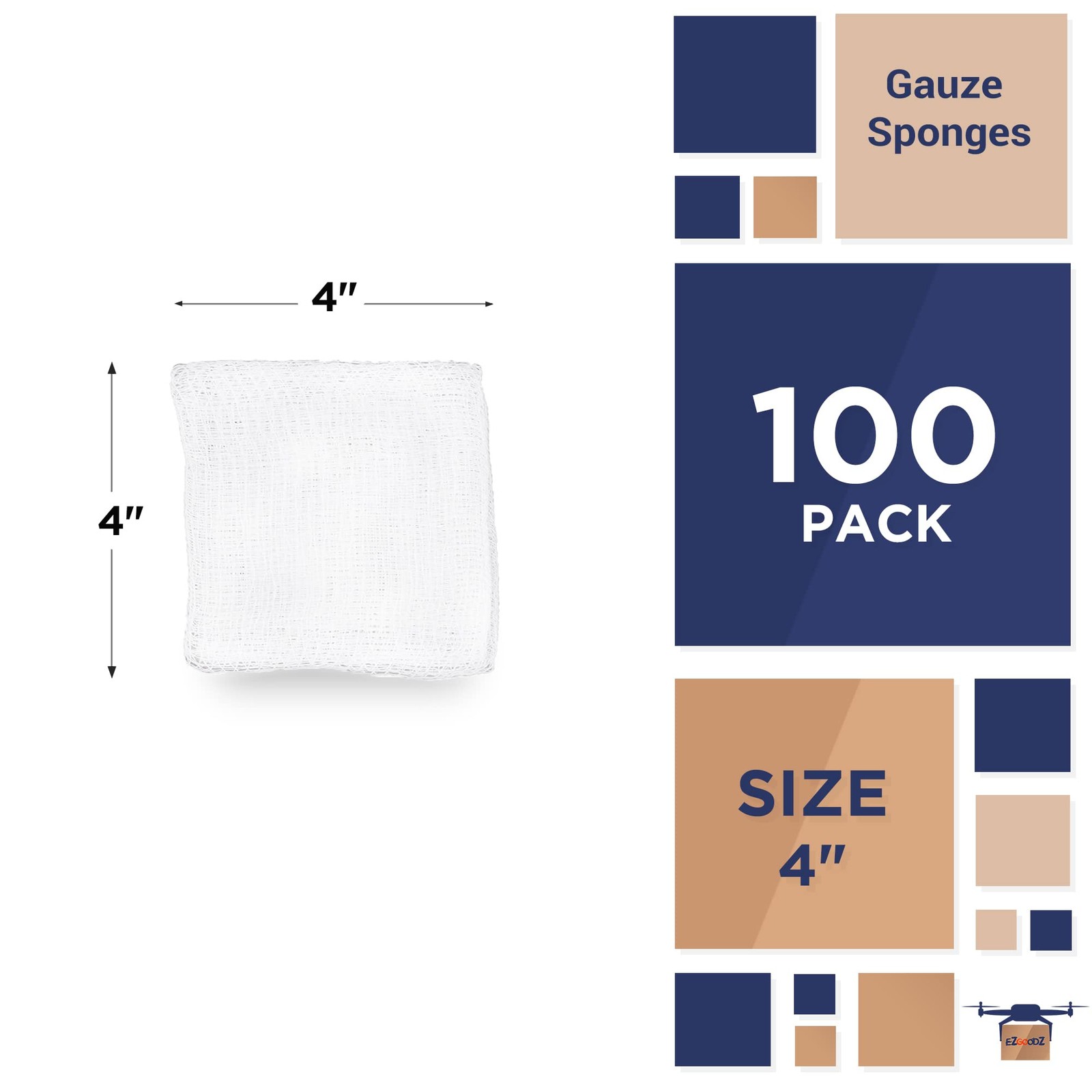 EZGOODZ White Cotton Gauze Pads Non Sterile, 4 x 4 Inch. Pack 100 Pack,