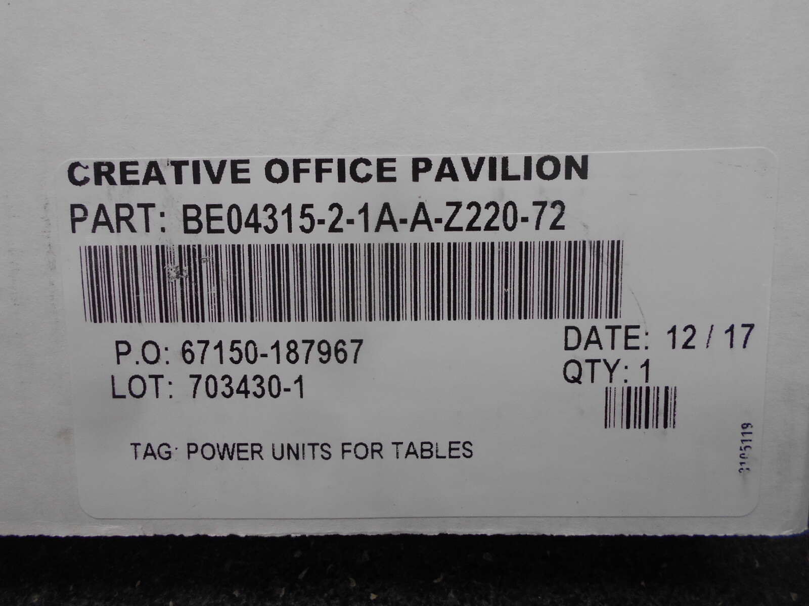 CREATIVE OFFICE PAVILION BE0431521AAZ22072 15A 125V 60Hz POWER UNIT FOR TABLE #2