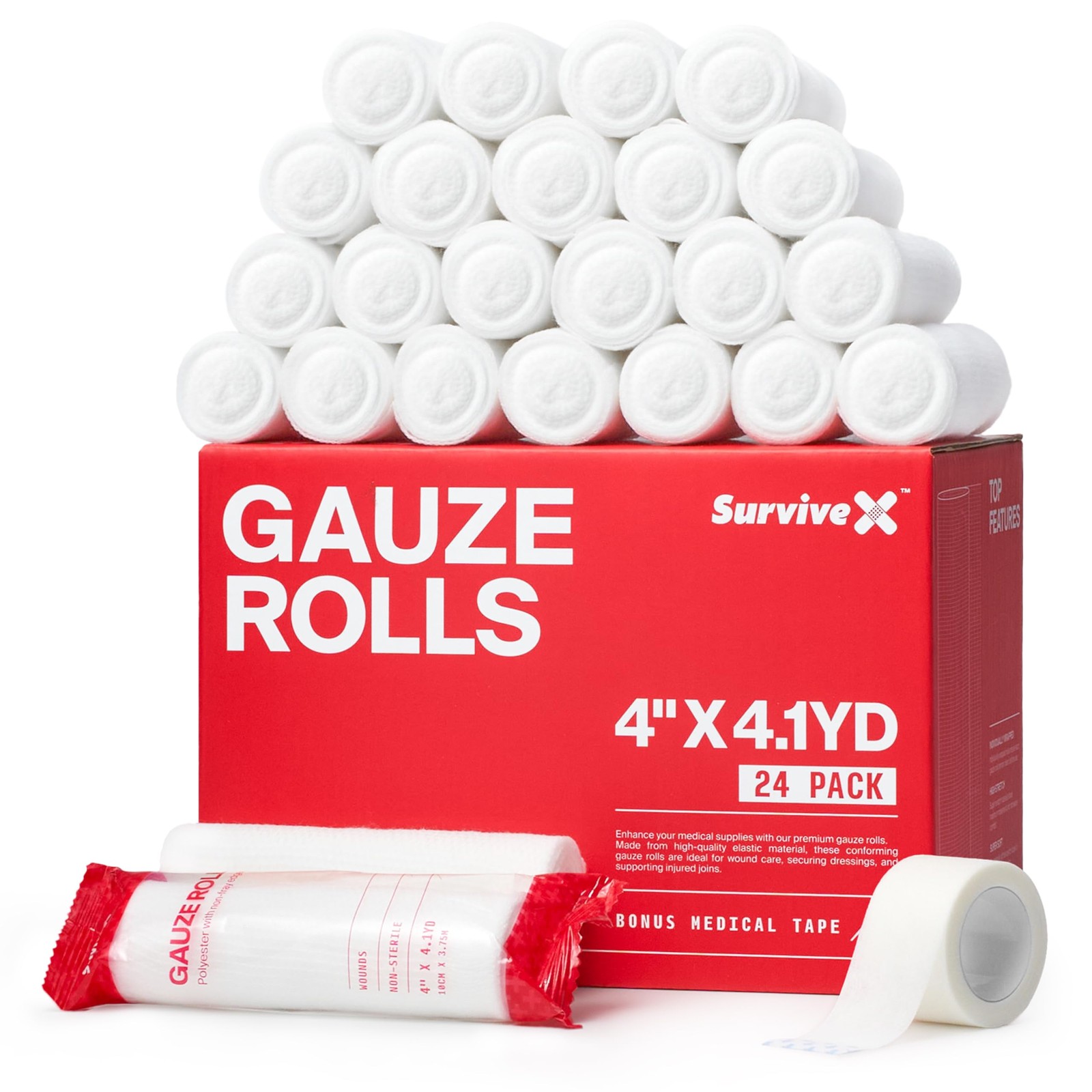 SurviveX – 4″ Stretch Gauze Roll – Conforming Medical Bandage 24 Pack, White