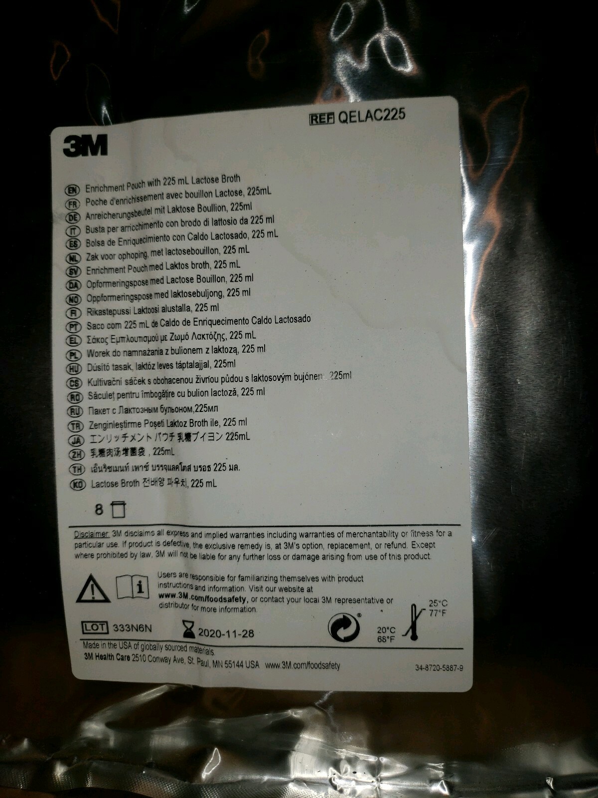 3M ENRICHMENT POUCH WITH 225mL LACTOSE BROTH, QELAC225, 8, EXP 11-28-2020 (4/CS)