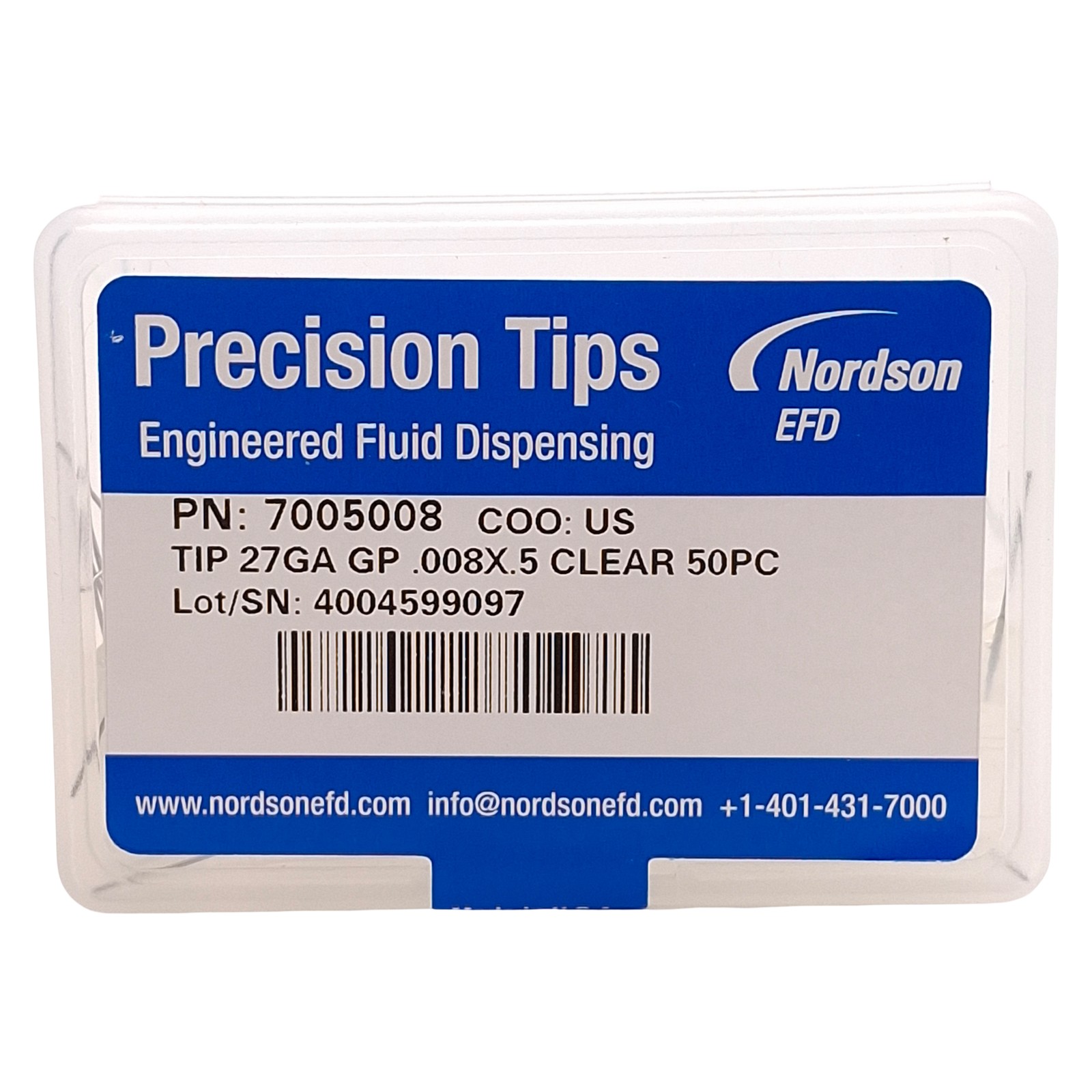 Nordson EFD 7005008 Precision SS Tips, Clear, 27GA, 0.008in ID x 0.5in L, 50/Box