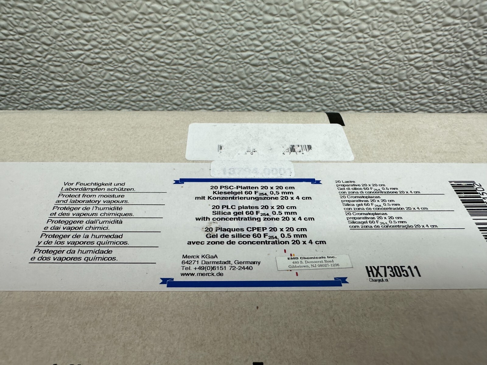 Merck HX30511 20 PLC Plates 20 x 20 cm Silica gel 60 1.13794.0001