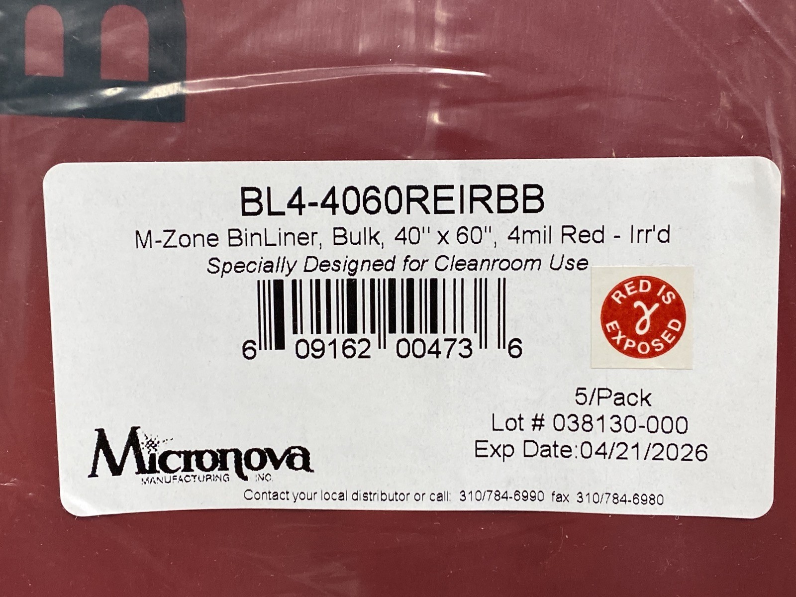 (45 Pc) MICRONOVA Biohazard M-Zone BinLiner 40”x60” 4mil Red LDPE BL4-4060REIRBB
