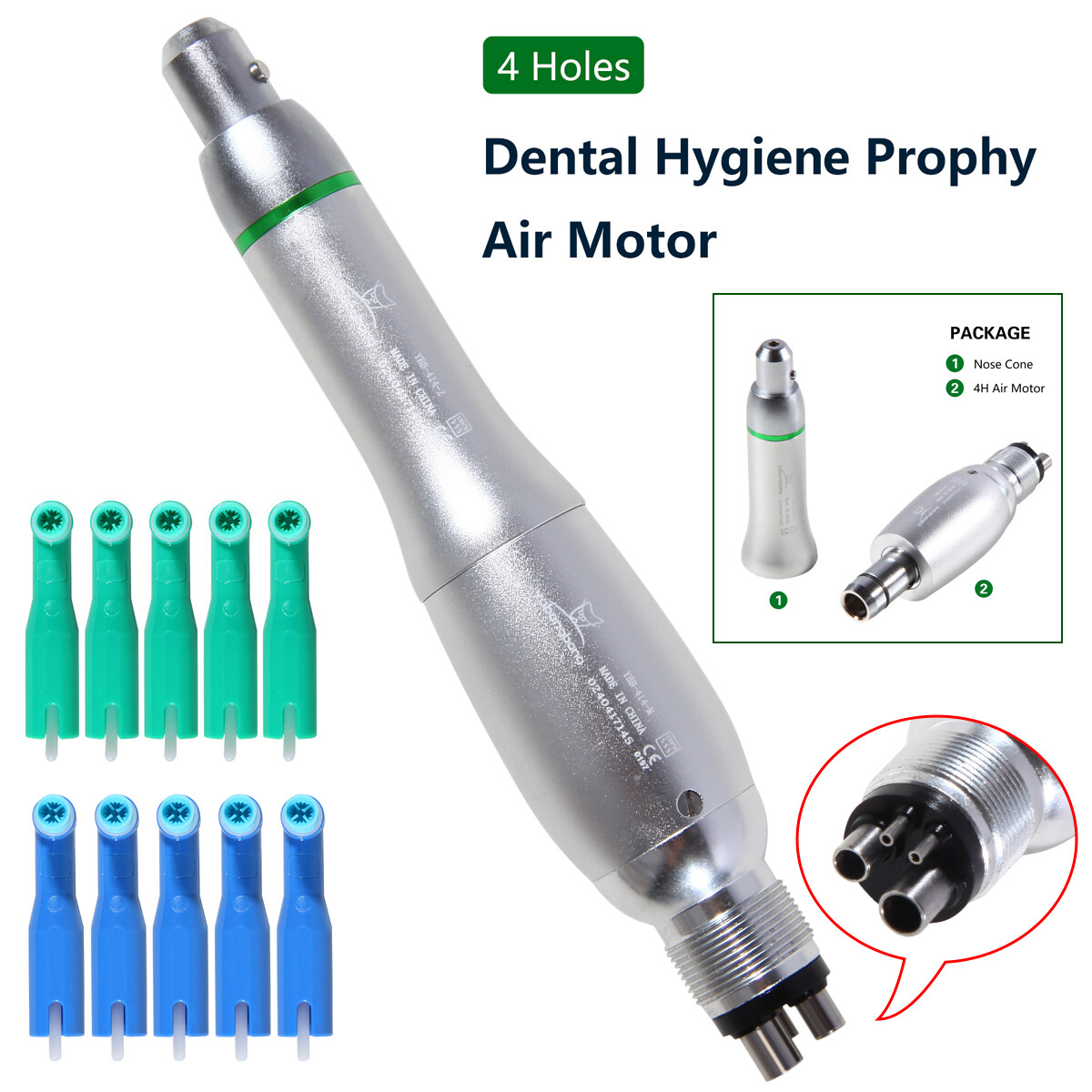 360°Swivel Dental Hygiene Prophy Handpiece Air Motor 4 Hole & 4:1 Nose Cone YB