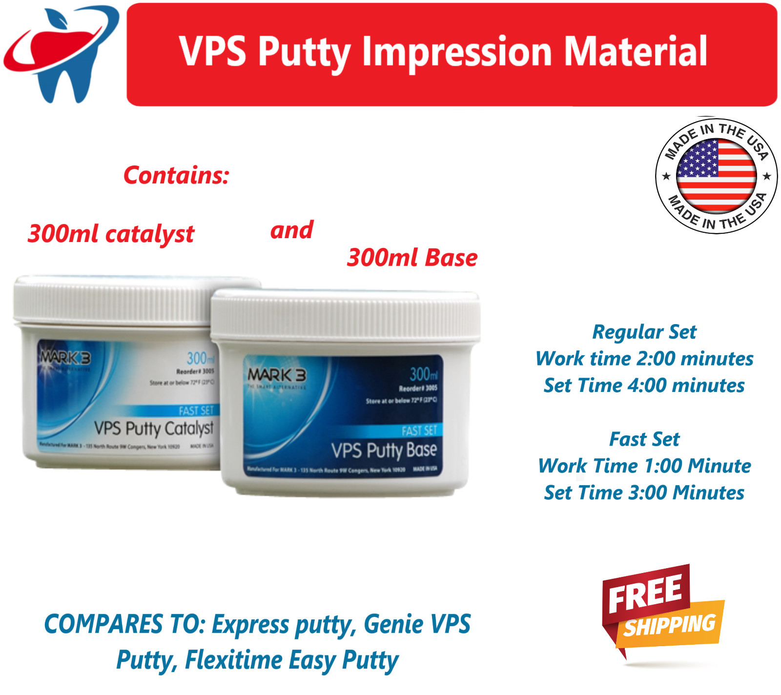 Dental VPS Putty Set VPS Impression Material Base or Catalyst 600 ml, Made in US