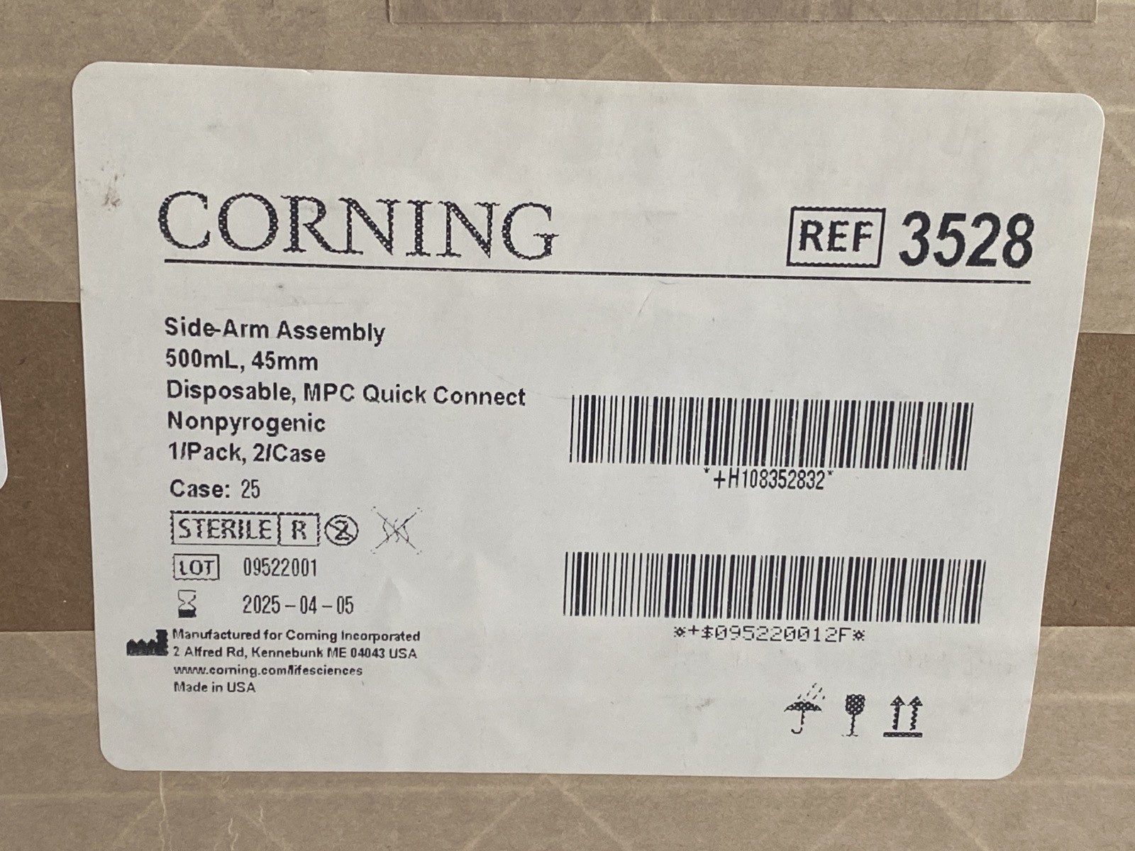 (2/Cs) CORNING Disposable GL45 Aseptic Transfer Side-Arm Assembly Cap 500mL 3528