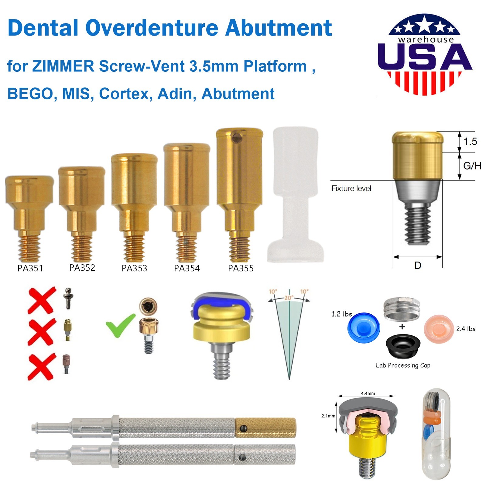 US ZEST LOCATOR Abutment Zimmer TSV 3.5/4.5mm GH 1-5mm Retention Cap Inserts Ti