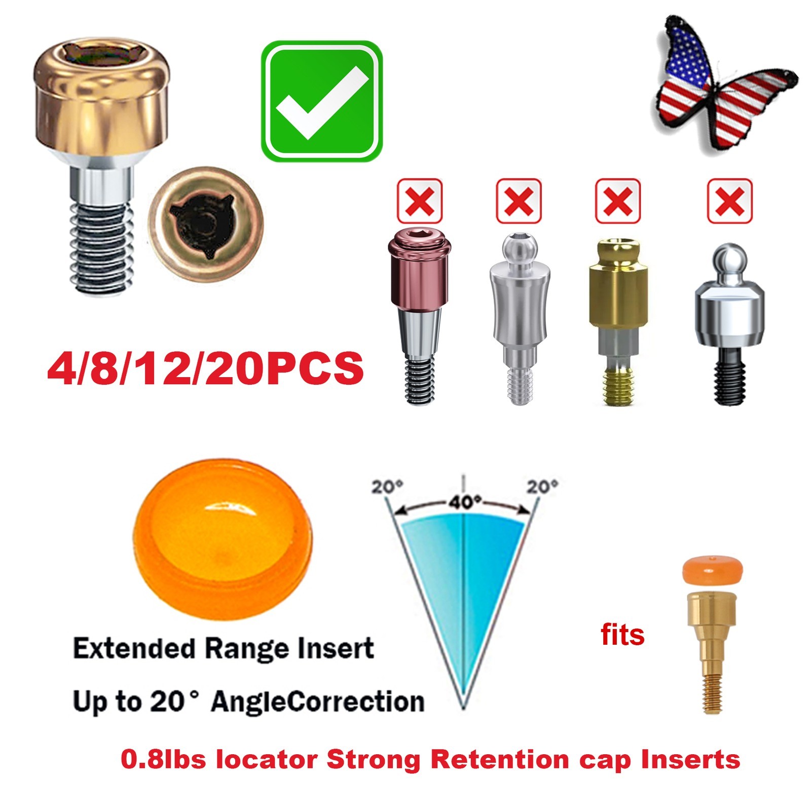 US ZEST LOCATOR Abutment Zimmer TSV 3.5/4.5mm GH 1-5mm Retention Cap Inserts Ti