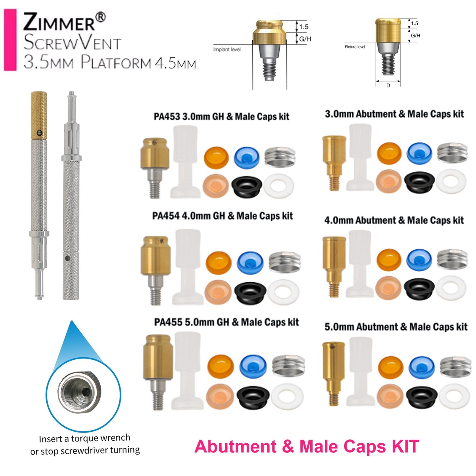 US ZEST LOCATOR Abutment Zimmer TSV 3.5/4.5mm GH 1-5mm Retention Cap Inserts Ti