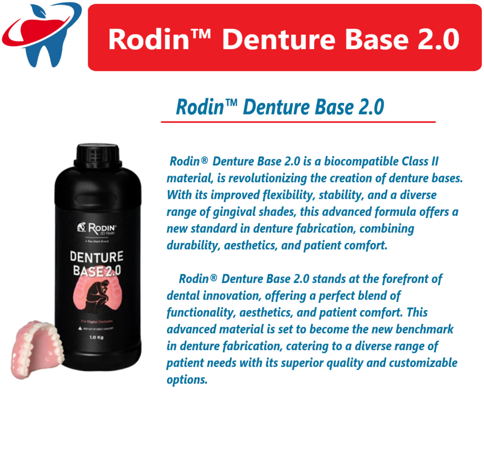 Dental Rodin™ Denture Base 2.0 Original Pink 3D Printer Resins Class II, 23860