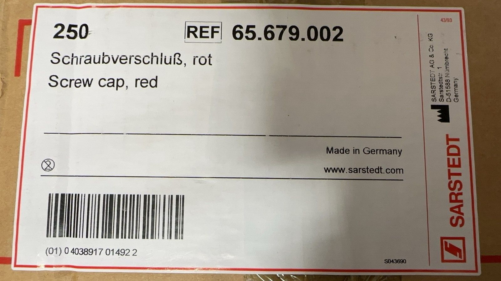 Sarstedt Inc 65679002 Screw Cap for 30 mm Mailing Container, Red, 250/Case